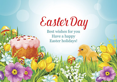 复活节矢量问候逾越节蛋糕，鸡蛋，鲜花图片下载