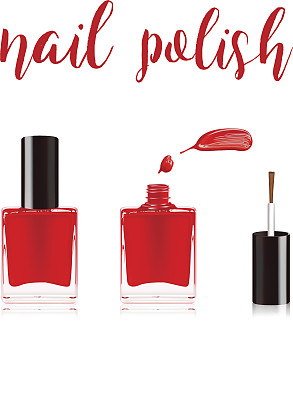 红色指甲油放在瓶子里，瓶盖盖在上面，指甲油滴在白色的背景上。矢量插图。图片下载