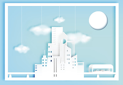 美丽的城市景观纸艺术风格与棉花云矢量插图素材图片