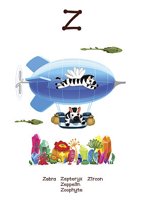 向量英语字母表系列有趣的动物。卡通插图字母Z:植虫动物，锆石，Zapteryxes，齐柏林飞艇，斑马。Abc动物海报收集。给孩子们的墙上画。婴儿的照片。手绘的生物。每股收益10图片下载