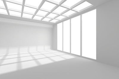 宽敞的内部与空白墙和全景窗户。模拟，3D渲染图片下载