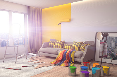 修理和粉刷房间的墙壁。3 d演示。图片下载