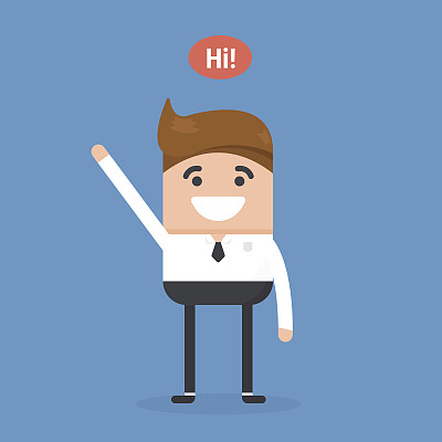 成功的年轻商人用言语泡着打招呼，正面的观点。图片下载