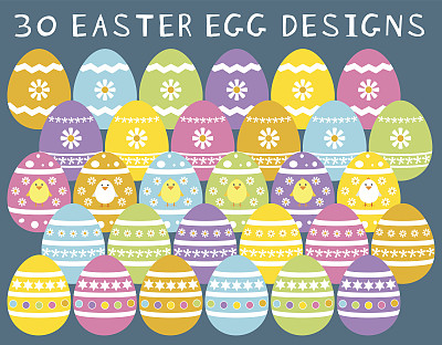 复活节鸡蛋向量，30个设计孤立的背景图片下载