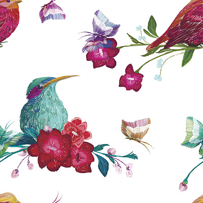 复古无缝图案:鸟、蝴蝶、花。图片下载