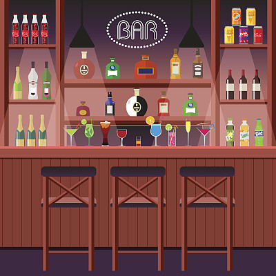 酒吧、酒吧或夜总会。提供酒精饮料的吧台。娱乐室娱乐机构的内部矢量，插图在平面风格EPS10。素材图片