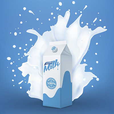 大的牛奶喷溅背后的包装纸盒里有大量的牛奶滴，矢量逼真的插画图片下载