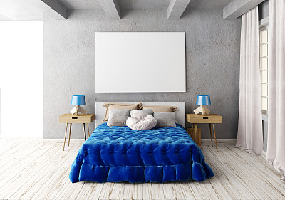 在卧室内部模拟海报。卧室潮人的风格。三维演示图片下载