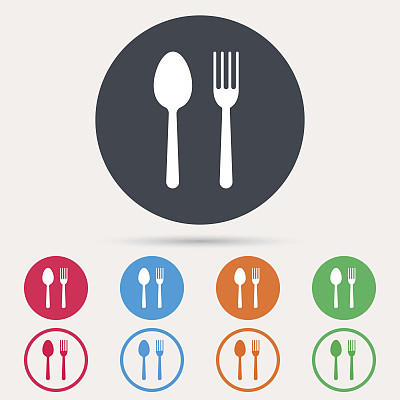 食物图标。叉子和勺子的标志。图片下载
