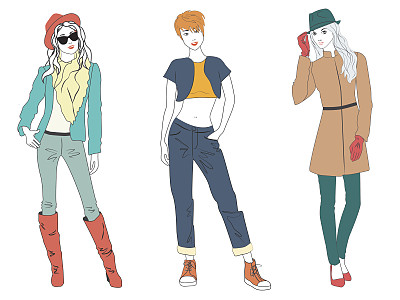 美丽的年轻女子女士模特在休闲现代时装服装孤立。平面素描线女孩人定图片下载