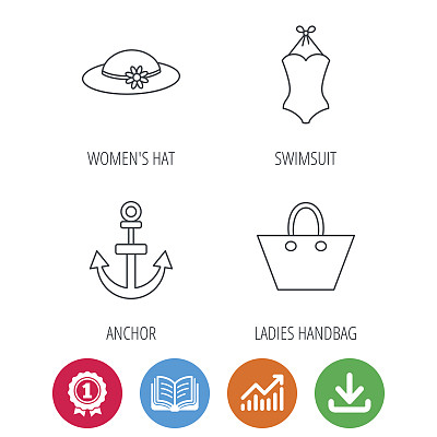 锚，女士手袋和泳衣图标。图片下载