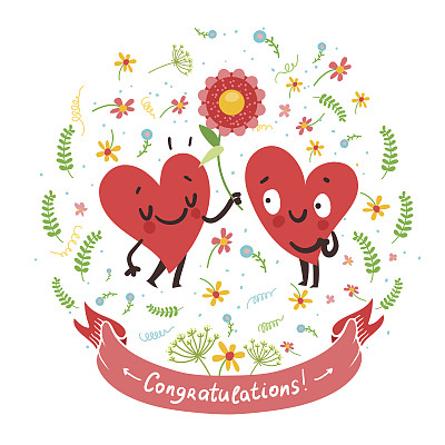 情侣相爱的概念。可爱的心字符。男人送花给女人，丝带上写着“恭喜”。初恋约会。婚礼矢量卡图片下载