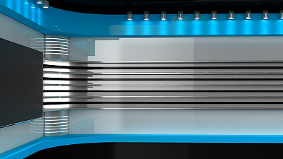 电视演播室。红色的工作室。电视节目的背景。墙上的电视。新闻工作室。任何绿色屏幕或色度键视频或照片制作的完美背景。3 d渲染。图片下载