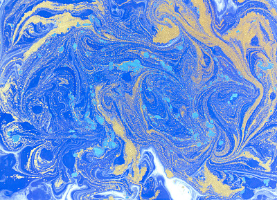 蓝色和金色的液体质地。水彩手绘大理石花纹插图。墨水大理石背景。图片下载