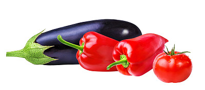 西红柿，茄子和胡椒在白色的背景图片下载