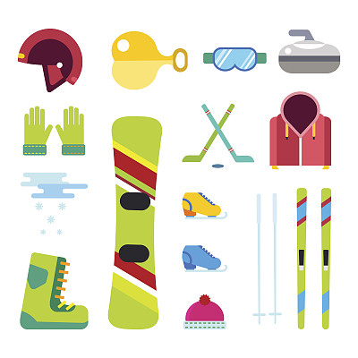 冬季运动矢量图标设置滑雪滑雪板衣服工具元素头盔手套靴子元素项目插图孤立的设备极端的生活方式图片下载