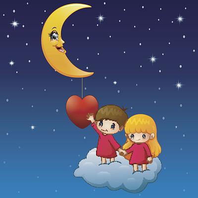 云朵上的卡通孩子带着一颗心和月亮图片下载