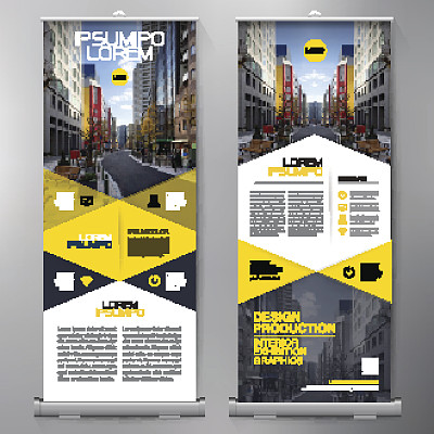 商业卷起来。站票观众设计。旗帜模板。图片下载