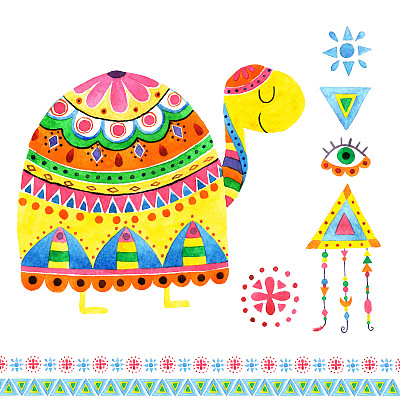 水彩图案乌龟和元素。图片下载