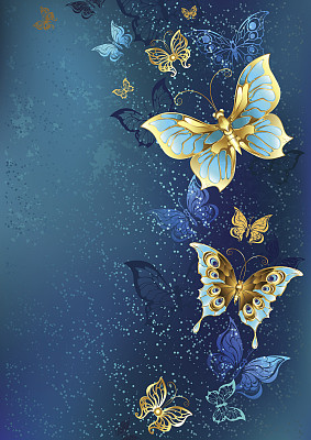 蓝色背景上的金色蝴蝶图片下载