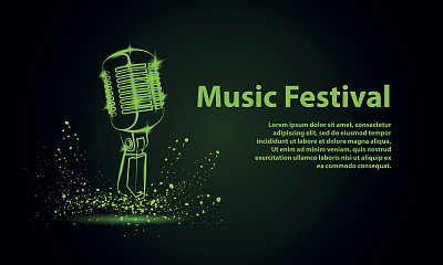 音乐节日背景传单，横幅，广告牌。绿色霓虹灯麦克风插图上的黑色背景。音乐组封面模板。素材图片