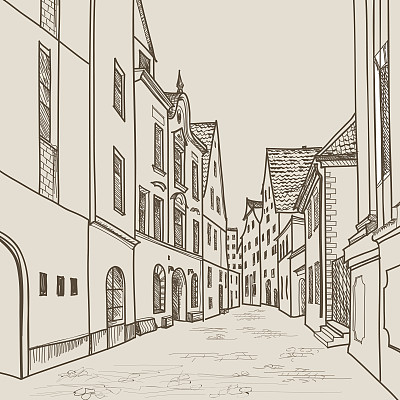 老城区的街边咖啡馆。城市景观-房子，建筑物和树的小巷。古城的观点。中世纪欧洲的城堡景观。铅笔绘制可编辑矢量草图图片下载