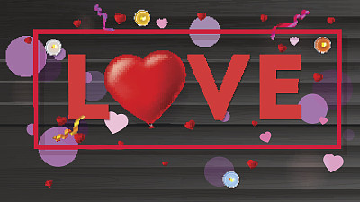 爱的卡片，排版，一个大的红色的心，在一个充气的猩红色气球的形式。俯视图与蜡烛，金属箔和五彩纸屑组成图片下载