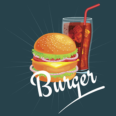 一套美味的汉堡、烤牛肉和新鲜蔬菜配酱面包为小吃，美式汉堡快餐餐薯条配冷苏打水棕色冰饮矢量插图背景图片下载