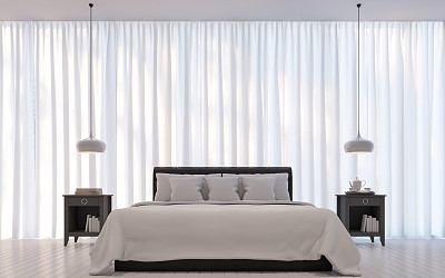 现代白色卧室简约风格3D渲染图像图片下载