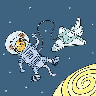 卡通猫宇航员在黑白颜色。手绘数字轮廓图。孤立的矢量图。图片下载