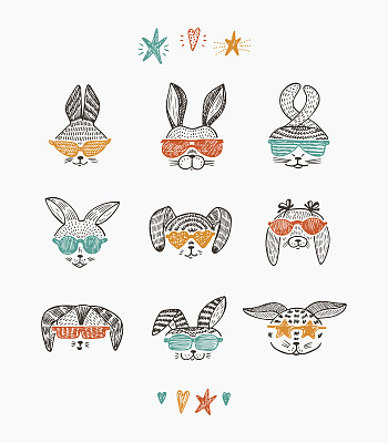 矢量手绘涂鸦可爱的时髦时髦的兔子与太阳镜图片下载