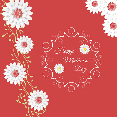 矢量快乐母亲节海报在红色的背景与卷曲的一枝花，标签在中心和文字。图片下载