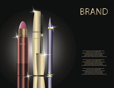 迷人的一套管子与唇膏，睫毛膏包装和闪闪发光的效果背景上的眼线图片下载