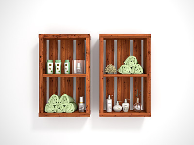木制的开放式架子上有装饰性的物品。三维演示图片下载
