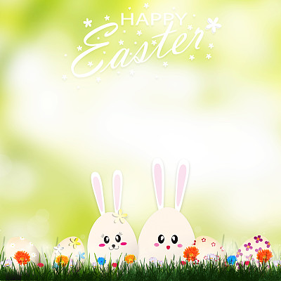 五彩缤纷的复活节彩蛋和春天的鲜花背景。图片下载