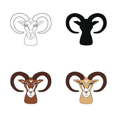 图形羊手绘卡通矢量插图孤立在白色的背景，农民动物与弯曲的角，吉祥物头羊，字符设计的贺卡，装饰海报，着色图片下载