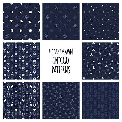 一套手绘靛蓝图案。无缝矢量三角背景与三角形和箭头图片下载