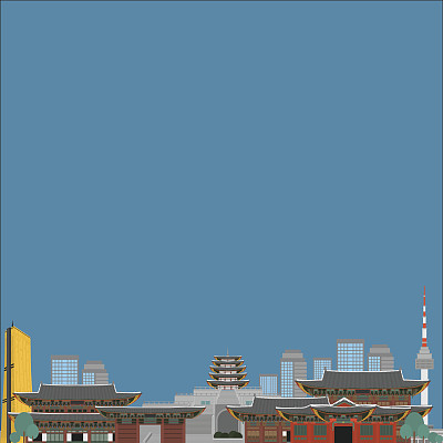 韩国国家设计平面卡通元素。旅游地标，首尔旅游胜地。世界度假旅游城市观光亚洲大厦收藏。亚洲建筑孤立图片下载