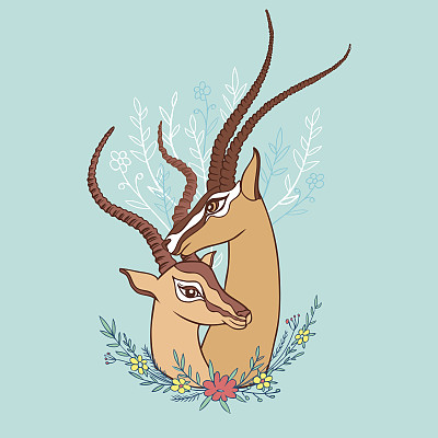 瞪羚彩色手绘矢量涂鸦插图，弯曲角的非洲羚羊，卡通爱好者动物，花束与黄红色的鲜花为设计的婚礼邀请，贺卡图片下载