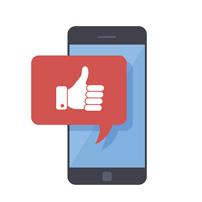 用智能手机点赞图标。屏幕上喜欢的信息，喜欢的按钮。社交网络，移动设备上的社交媒体使用。网站的概念，网页横幅。平面设计矢量插图。图片下载