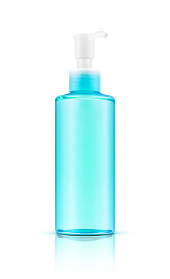 空白包装透明蓝色化妆品泵瓶隔离在白色背景与拍手路径图片下载