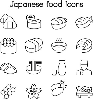 日本食物图标设置在细线风格图片下载