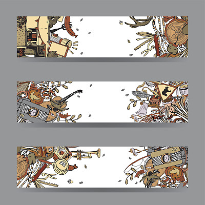 冒险野营对象。旅行和娱乐时间概念。矢量卡片和带有涂鸦的横幅。图片下载