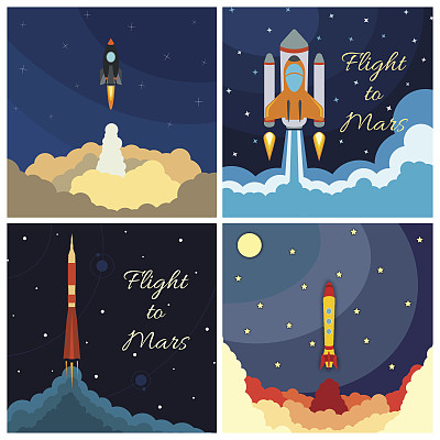 集太空火箭发射。矢量插图与飞行火箭。素材图片