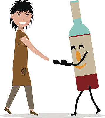 矢量卡通年轻的成年女子瓶酒图片下载