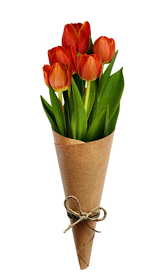 一束用牛皮纸做的红色郁金香花图片下载