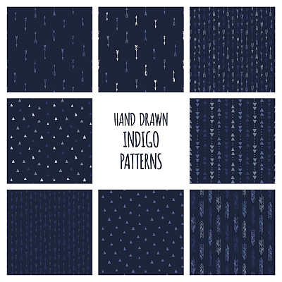 一套手绘靛蓝图案。无缝矢量美洲原住民背景与三角形和箭头图片下载