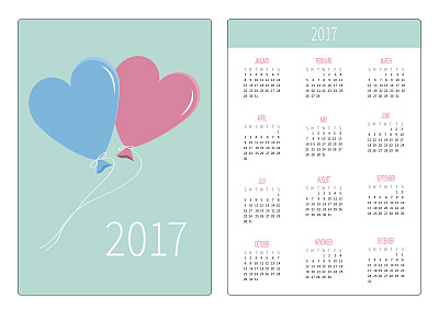 口袋日历2017年。心形的蓝色和粉色气球。图片下载