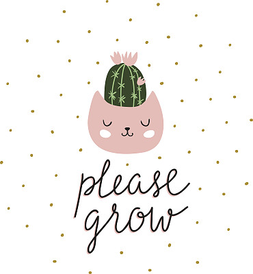 盆中手绘仙人掌。斯堪的纳维亚风格插画，现代优雅的家居装饰。矢量可爱的打印设计与手绘字母-“请成长”。图片下载