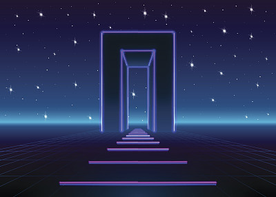 霓虹80年代风格的巨大大门在复古游戏景观与闪亮的未来之路素材图片